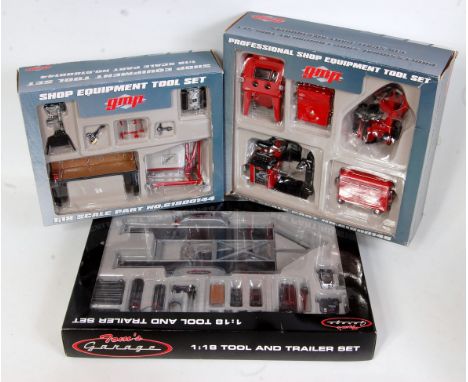 A GMP 1/18 scale diecast accessory group to include a professional shop equipment tool set, a shop equipment tool set, and a 