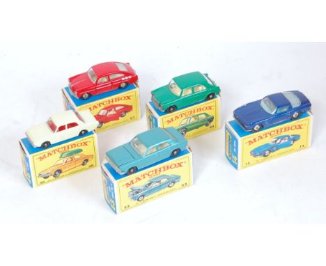 A Matchbox boxed E-type boxed diecast group to include a partly overpainted No. 67 Volkswagen 1600TL,a No. 45 Ford Corsair an