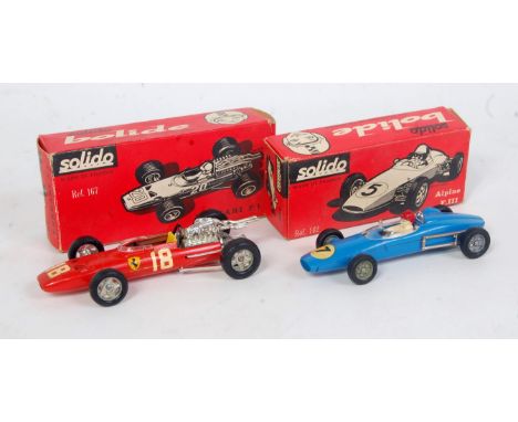 A Solido boxed racing car diecast group to include No. 142 Alpine F3, comprising of blue body with racing No. 7 and driver fi