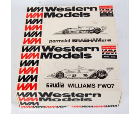 A Western Models 1/24 scale white metal F1 racing car kit group to include No. WF2 Brabham BT48, and a No. WF3 Saudia William