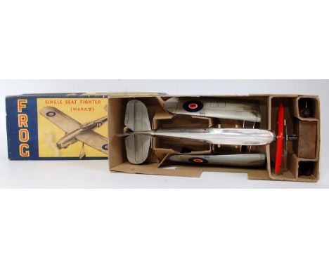 A Frog boxed kit for a single seater Mk5 fighter plane comprising of silver and grey fuselage with attachable wings and red p