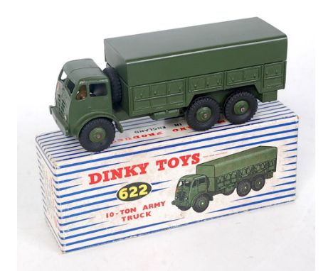 A Dinky Toys No. 622 10-ton army truck comprising military green body with tin back, housed in the original blue &amp; white 