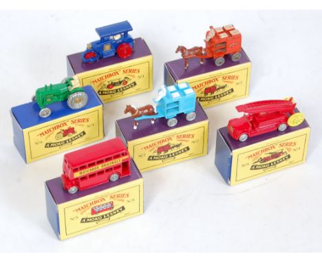 Six various boxed reproduction Matchbox 1/75 series diecast to include No. 1 road roller, and others