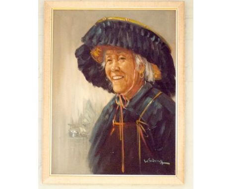 An oil painting of a Chinese lady with large hat signed K Wong 24"x171/2"