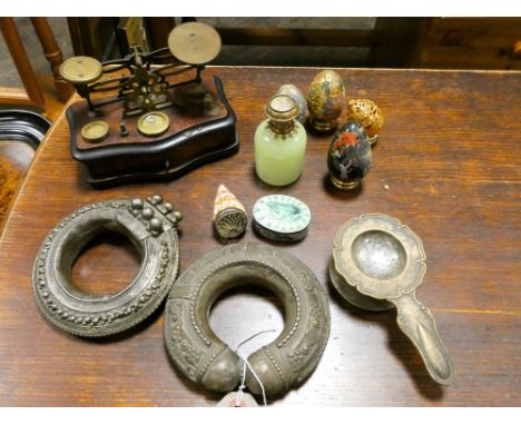 Vetter scales with weights, small perfume bottles, oriental rings etc