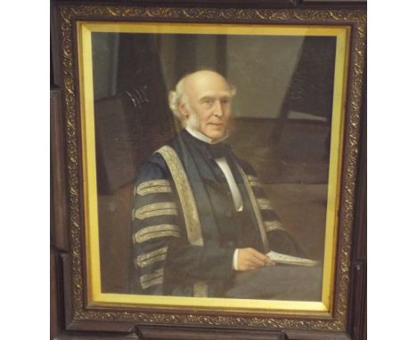 A Victorian portrait of a gentleman in ceremonial robes in wood and gilt decorative frame 17"x15"  Paint cracquelure and flak