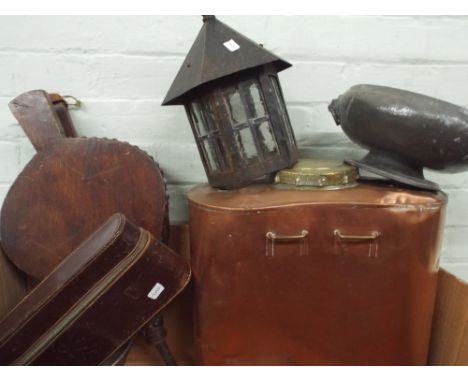 Pair of bellows, silver plated bowl, old outdoor lantern, large copper spare 