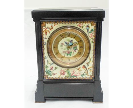 Late Victorian mantle clock with bird, butterfly and floral enamelled dial in a black marbled case. 13", 9" wide   Gilding ar