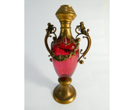 19th century ruby glass and gilt metal overlaid scent bottle, the hinged lid inset with a classical cameo, ground glass stopp