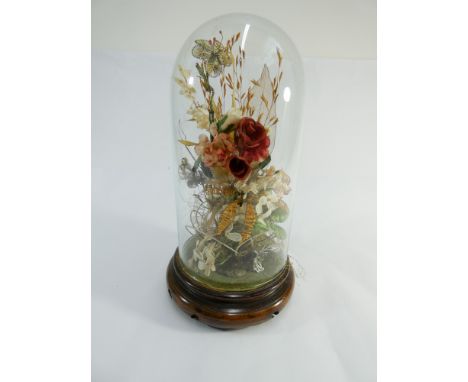 1930's vintage silk wedding bouquet beneath glass dome. Glass dome height with base 18cm.   No obvious sign of damage or repa