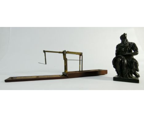 Set of 19th century miniature brass folding guinea and sovereign scales in mahogany box and a spelter figure of a classical g