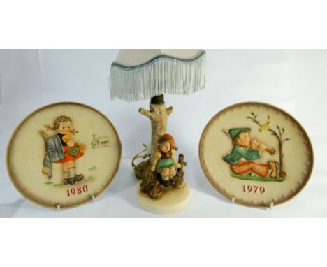 Two Hummel Christmas plates 1979 and 1980, and a Hummel lamp base. 1979 plate has its original box 