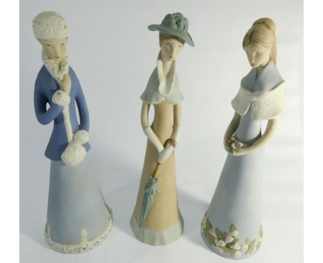 A collection of 3 Royal Dux coloured bisque lady figurines approx 32cms tall    Lady with the parasol has a chip to her hat o