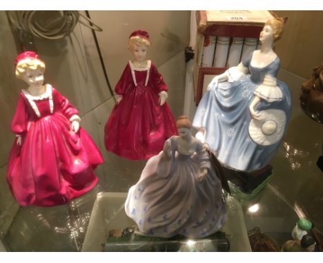 Two Worcester Grandmother Dress figures, one Coalport figure and one Doulton 'Hilary' 