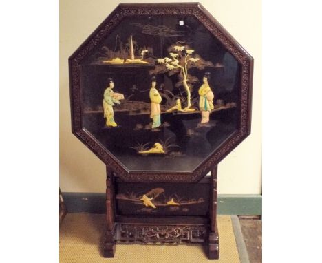 Chinese octagonal flip-top table/fire screen with glazed bone picture panel top 