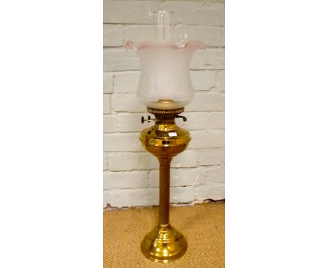 Victorian brass Corinthian column oil lamp with glass shade, approx 27" tall overall 