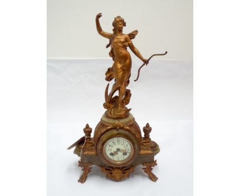 French striking mantle clock in green marbled case with gilt Diana figure mounts 