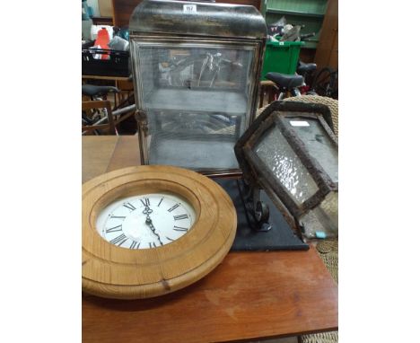 A French metal meat safe, a pine walk clock and an outdoor lantern 