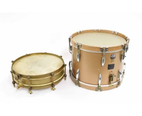 Hawkes King Snapper 13.5" x 3" snare drum, soft case; together with a vintage 14" x 10" wooden shell marching drum, soft case