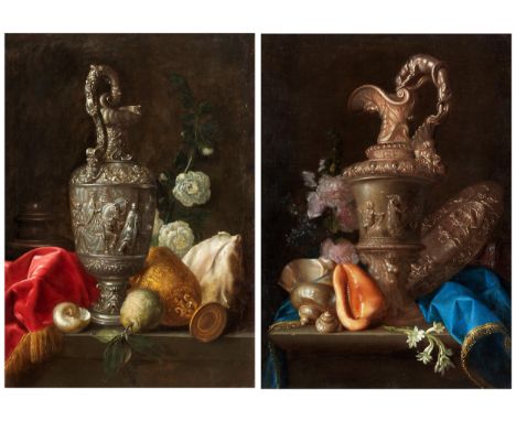 Meiffren Comte, 1630 Marseille – um 1705GemäldepaarPAAR STILLLEBEN MIT PRÄCHTIGEN KANNEN UND MUSCHELNÖl auf Leinwand. Doublie