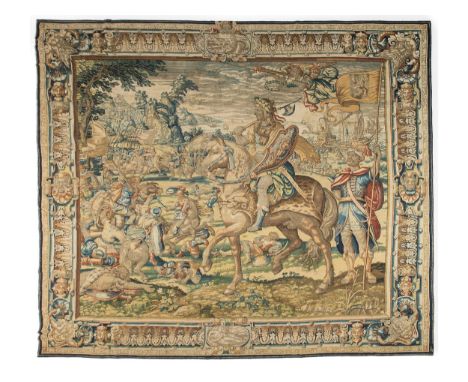 Brüsseler Tapisserie414 x 443 cm.Brüssel, zweites Drittel 17. Jahrhundert.Eingewebte Werkstattmarke rechts unten auf dunkler 