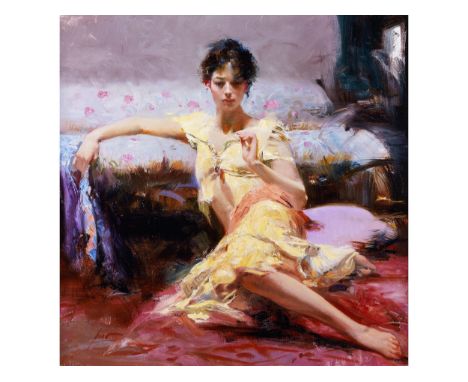 Pino Daeni, 1939 Bari – 2010 New JerseyPARISER MÄDCHENGiclée-Druck auf Leinwand.80 x 80 cm.Links unten signiert.In breitem re