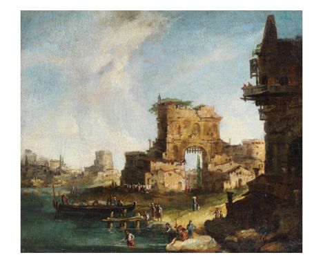 Michele Marieschi, 1696/1710 Venedig – 1743 ebendaRUINEN-IDEALLANDSCHAFT MIT MEERESBUCHT, KÄHNEN UND FIGURENSTAFFAGEÖl auf Le