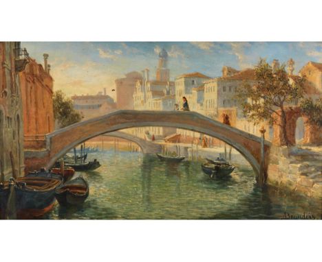 Antonietta Brandeis, 1849 Miskowitz – 1910 VenedigVENEDIG – BLICK ÜBER EINEN KANAL MIT ZWEI BRÜCKENÖl auf Leinwand.29 x 48 cm