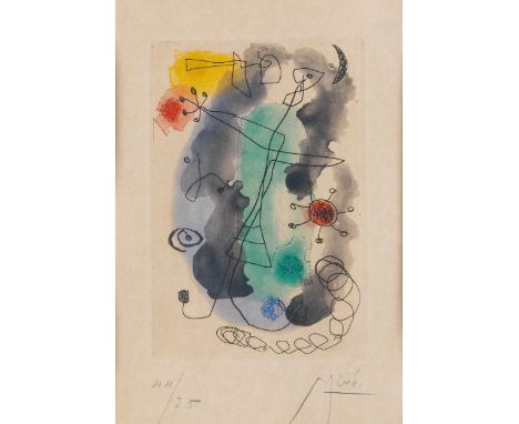 Joan Miró, 1893 Barcelona – 1983 Palma de MallorcaOHNE TITELFarbradierung.Sichtmaß: 16,7 x 11,6 cm.Unten rechts signiert „Mir