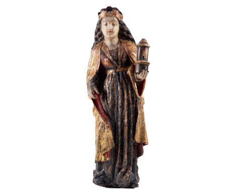 Heilige BarbaraHöhe: 82 cm.Flämisch, um 1580.In Eichenholz vollrund geschnitzt, gefasst und vergoldet. Auf einem Natursockel 