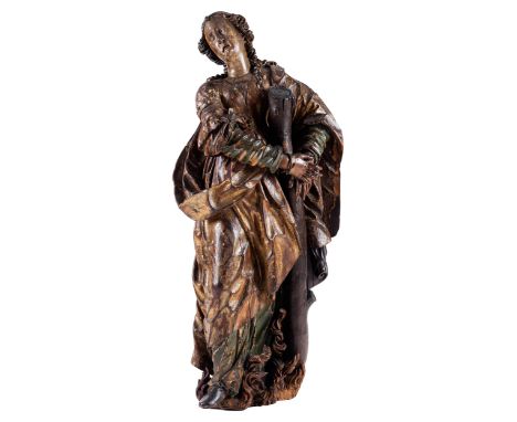 Heilige AfraHöhe: 119 cm. Breite: 50 cm. Tiefe: 28 cm.Augsburg, 16. Jahrhundert.In Holz gearbeitete Standfigur, in elegantem 
