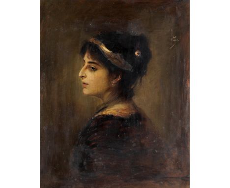 Franz Seraph von Lenbach, 1836 Schrobenhausen – 1904 MünchenPORTRAIT EINER ELEGANTEN DAMEÖl auf Hartfaser.70 x 58,5 cm.Verso 