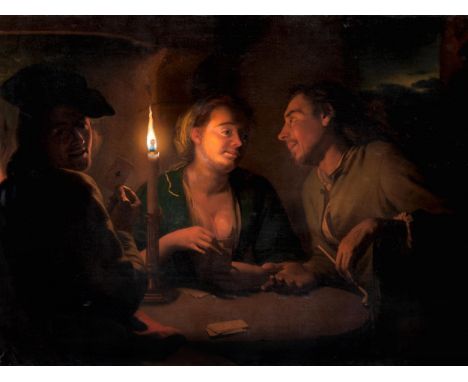 Godfried Schalcken, 1643 Made – 1706 Den HaagKARTENSPIEL IM KERZENLICHTÖl auf Leinwand.99,9 x 135 cm.Rechts unten signiert „G