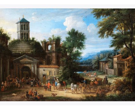 Adriaen Frans Boudewijns d. Ä. (um 1644 –  1711) und Peeter Bout (1658 – 1719), zug.KIRMES-MARKT VOR DER KIRCHEÖl auf Leinwan