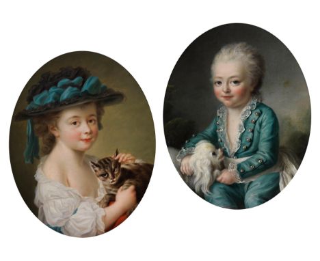 François Hubert Drouais, 1727 Paris – 1775 ebenda, Kreis desGemäldepaarMÄDCHEN, DAS EINE KATZE STREICHELTsowie&nbsp;JUNGE, DE