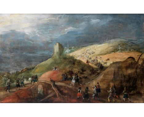 Sebastian Vrancx (1573 – 1647) und Joos de Momper (1564 – 1635)GEFECHT VOR SICH VERDUNKELNDEM HIMMELÖl auf Holz. Parkettiert.