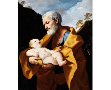 Guido Reni, 1575 Bologna – 1642 ebenda JOSEF MIT DEM CHRISTUSKINDÖl auf Leinwand. Doubliert.110 x 90,5 cm.Verso mit mehreren 
