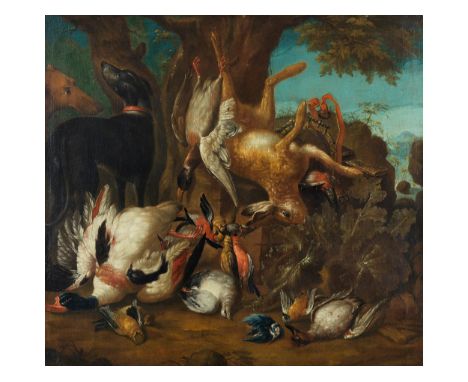 Johann Georg de Hamilton, 1772 Brüssel – 1737 Wien, zug.JAGDSTILLLEBEN MIT ZWEI HUNDEN UND IHRER BEUTEÖl auf Leinwand. Doubli
