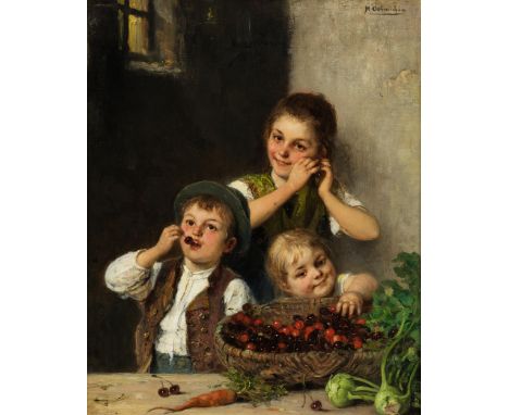 Hugo Oehmichen, 1843 Borsdorf – 1932 DüsseldorfDIE KIRSCHENNASCHERÖl auf Leinwand. Auf Platte.54 x 45 cm.Rechts oben signiert