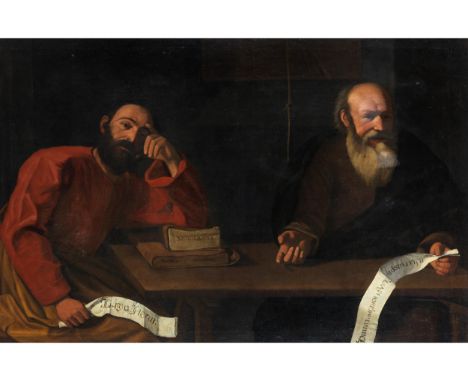 Norditalienischer Maler  des 17. JahrhundertsBILDNIS ZWEIER PHILOSOPHENÖl auf Leinwand. Doubliert.106 x 160 cm.In vergoldetem