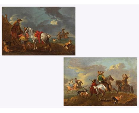 Giovanni Antonio Guardi, 1698/99 – 1760GemäldepaarAUFBRUCH ZUR JAGDsowieRAST BEI DER JAGDÖl auf Leinwand.23 x 33 cm.Beigegebe
