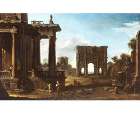 Giovanni Ghisolfi, 1623 Mailand – 1683 ebendaARCHITEKTUR-CAPRICCIO MIT FIGURENÖl auf Leinwand.44 x 67 cm.Gerahmt.Beigegeben e
