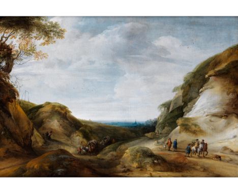 Jacques d‘Arthois (1613 – 1686) und Peeter Bout (1658 – 1719), zug.BERGIGE LANDSCHAFT MIT REISENDEN UND JAGDGESELLSCHAFTÖl au