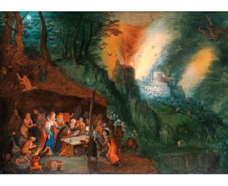 Jan Brueghel d. J., 1601 Antwerpen – 1678 ebenda, zug.DIE VERSUCHUNG DES HEILIGEN ANTONIUSÖl auf Eichenholz.34 x 45,4 cm.Brue