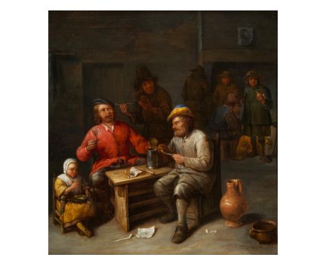 Gillis van Tilburg d. J., 1615/35 Brüssel – um 1678BAUERN IN EINEM GASTHAUSÖl auf Holz. Parkettiert.43 x 42 cm.Rechts unten s