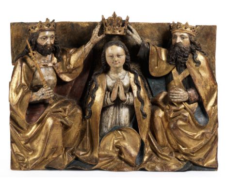 Jakob Naumann, 1476 – 1510, zug.BEDEUTENDE GOTISCHE SCHNITZFIGURENGRUPPE – MARIENKRÖNUNG Höhe: 54 cm. Breite: 71 cm. Tiefe: 1
