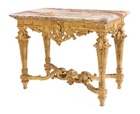Louis XIV-KonsoltischHöhe: 82,5 cm. Breite: 104 cm. Tiefe: 52 cm.Frankreich, um 1700 -1720.In Holz gearbeitet, vergoldet, Tis