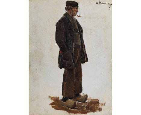 Max Liebermann, 1847 Berlin – 1935 ebendaSTEHENDER BAUER NACH RECHTS – STUDIE ZUM „SCHWEINEMARKT IN HAARLEM“, 1884Öl auf Papi