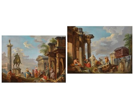 Giovanni Paolo Panini, 1691 Piacenza – 1765 Rom, zug.GemäldepaarRÖMISCHE ARCHITEKTURCAPRICCI MIT FIGURENSTAFFAGEJeweils Öl au