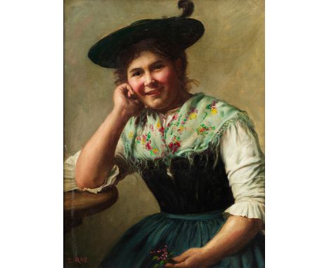 Emil Rau, 1858 Dresden – 1937 MünchenVERSCHMITZT LÄCHELNDES DIRNDLÖl auf Leinwand. Doubliert.57 x 44 cm.Links unten signiert 